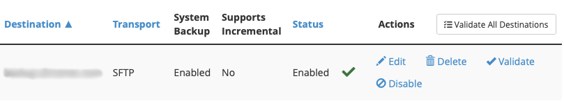 This is a view of the existing additional destinations table, which
allows you to edit, delete, validate and enable or disable each
destination