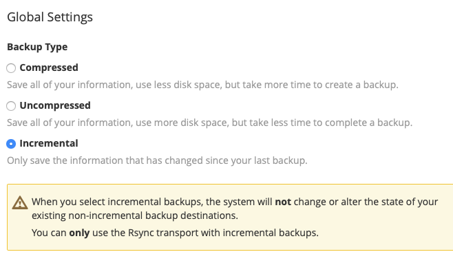 Select the type of backups you want to take, compressed,
uncompressed or
incremental