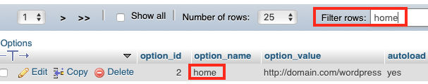 Find the home row in the Wp_options
Table