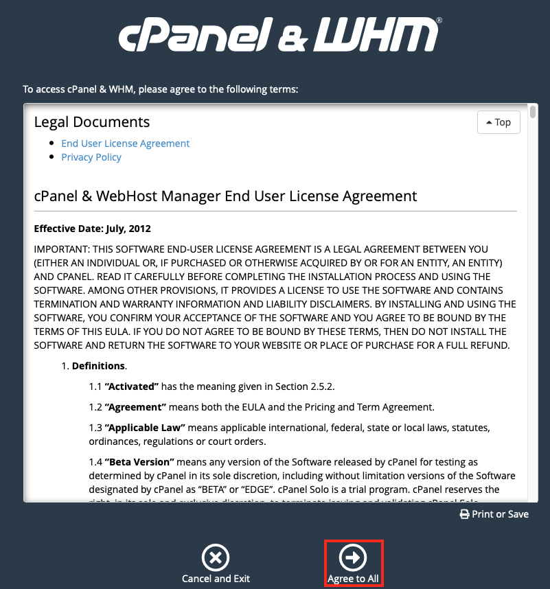 Accept the cPanel&#39;s End User License
Agreement