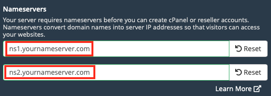 Enter the Default Nameservers for Domains that Resolve to this
Server