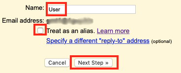 Enter the Outgoing Name You Want to Use for This Account and
Select Whether you Want to Treat It as a Gmail
Alias.