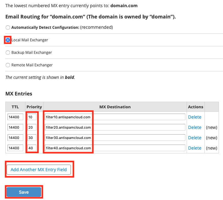 Adjust the MX Records and Routing as Listed
Below