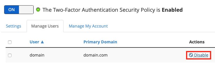 Disable Two-Factor Authentication for a User by Clicking
Disable