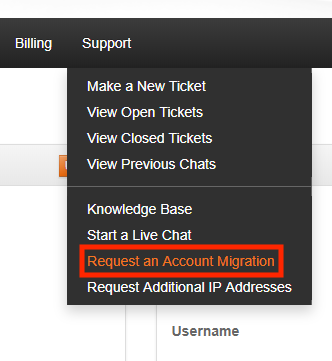 Select Request an Account Migration from the Support
Menu