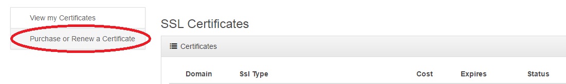 In the Sidebar, Click Purchase or Renew a
Certificate