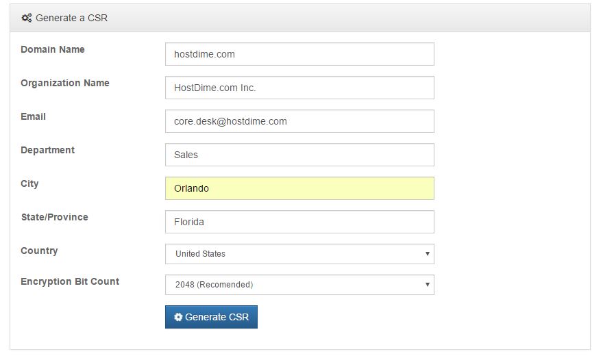 Type in the Domain Name and Other Information Requested and Click
Generate CSR