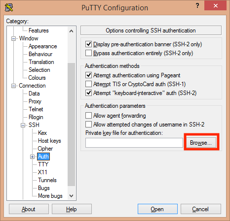 Add your SSH Key to the SSH Auth Section of the PuTTY
Configuration
Screen