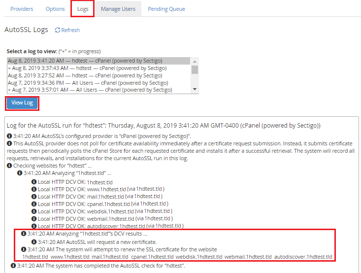 Select a Log from the List and Click View Log to See the Status of
the Process