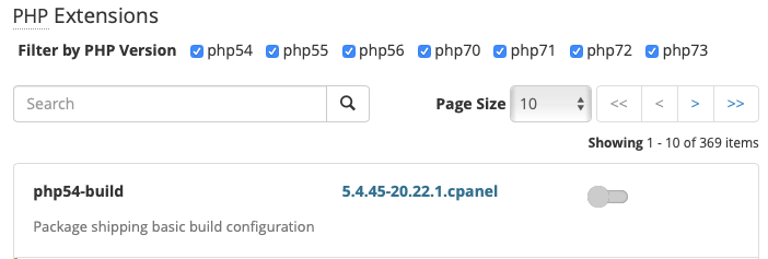 Check or Uncheck Boxes Next to Each Version of PHP to Show or Hide
Modules for That Version of
PHP