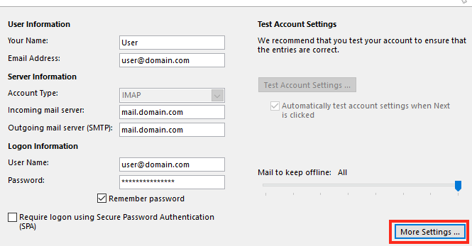 Enter Your Email Account Details and Then Click More
Settings