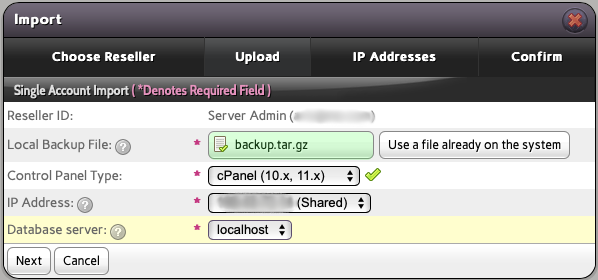 Choose the IP address and Database Server for the cPanel Backup
you Upload Now or Select from your InterWorx
Server