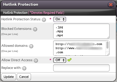 Fill in the Extensions to Protect, the Domains to Allow, Turn on
the Protection and Click
Update