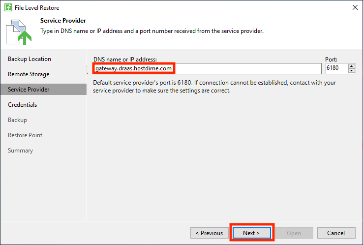 Enter your Service Provider Hostname or IP address and the Port
Number and Click
Next