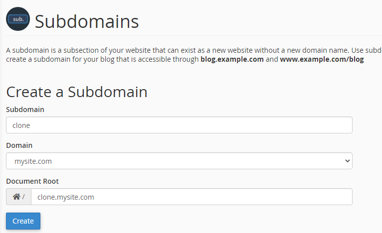 Create
Subdomain