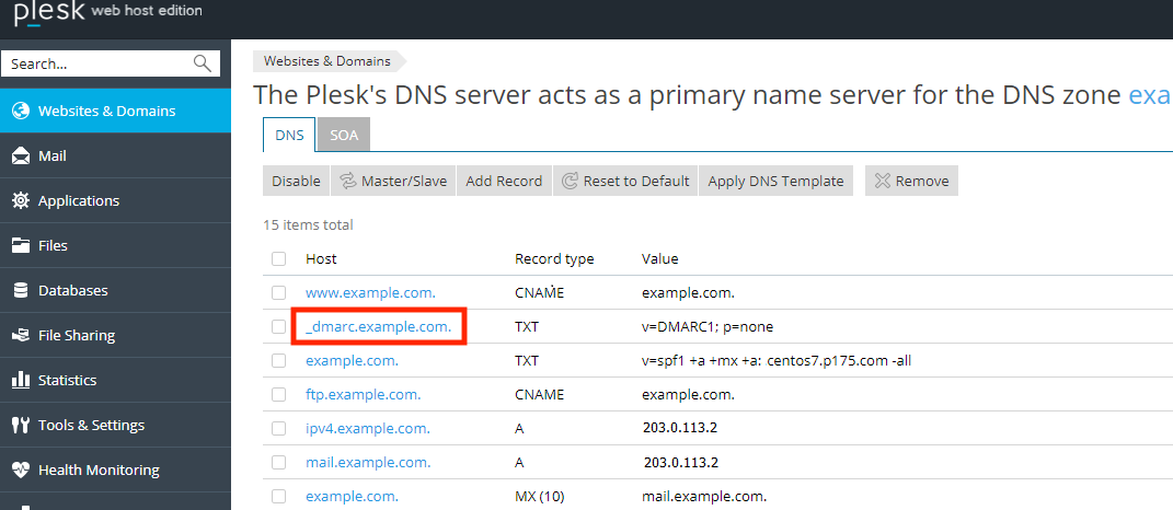 Click on the _dmarc Link in the List of DNS Zone Entries in Order
to Edit It