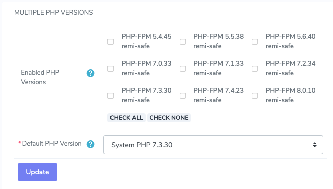 Check the Box Next to the Versions of PHP you want to Enable and
click Update to Install
Them.