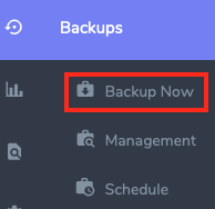 Select Backup Now from the Backups Section of the Sidebar or the
Main SiteWorx
Screen