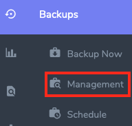 Click on Management from the Backups Section of the SiteWorx
Sidebar or Main
Screen