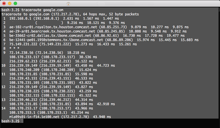 Selected traceroute results in a terminal window on a
Mac.