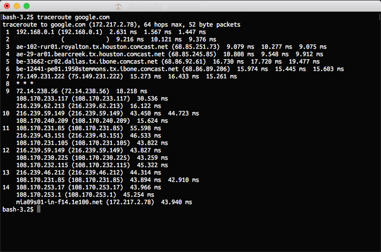 Traceroute results in a terminal window on a
Mac.