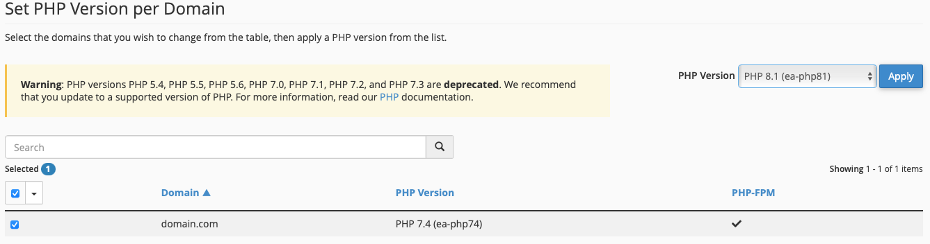 Select the Checkbox Next to the Domain of Which you Want to Adjust the
PHP Version