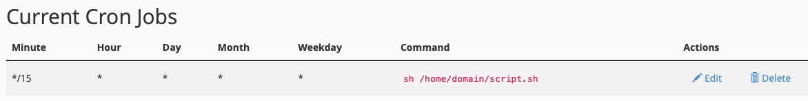 Edit or Delete an Existing Cron Job by Clicking the Appropriate Link
in the Action Section of the Current Cron Jobs
Section