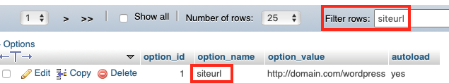 Locate the Siteurl row in the Wp_options Table