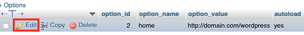 Click Edit in the Home Row of the Wp_options Table
