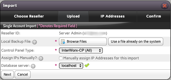 Choose the IP address and Database Server for the InterWorx Backup you Upload Now or Select from your InterWorx Server