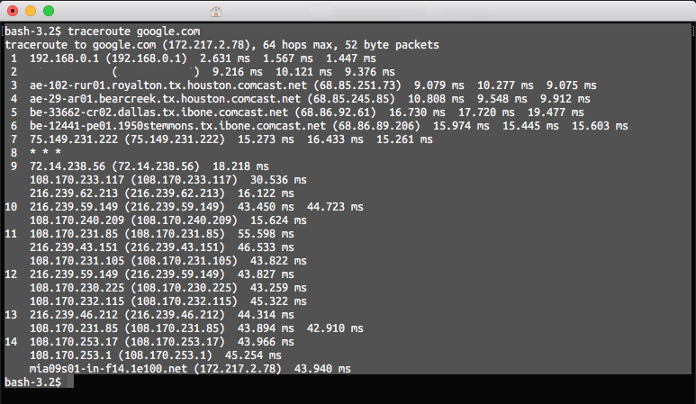 Selected traceroute results in a terminal window on a Mac.