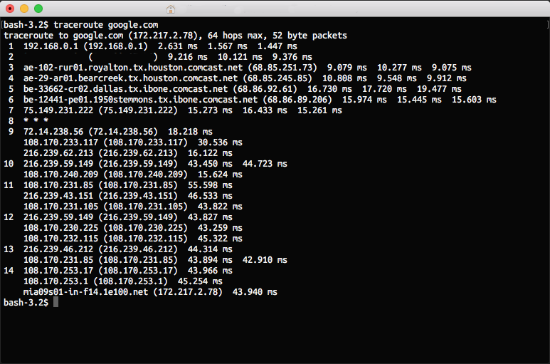 Traceroute results in a terminal window on a Mac.